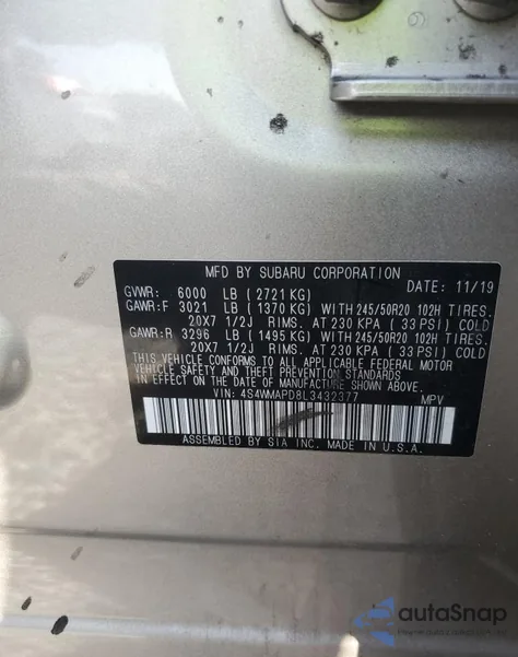 2020 Subaru Ascent Limited z USA, uszkodzony, nr VIN 4S4WMAPD8L3432377